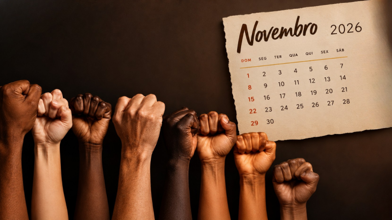 Imagem horizontal com fundo marrom escuro, mostrando vários braços de diferentes tons de pele com punhos cerrados e erguidos, simbolizando união e resistência. No canto superior direito, há um calendário de novembro de 2026, em papel bege com bordas irregulares, inclinado sobre o fundo. O calendário apresenta o mês “Novembro” em destaque e os dias organizados em uma grade.