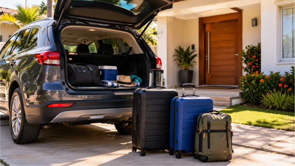 Carro SUV escuro estacionado em frente a uma casa, com o porta-malas aberto e malas e bolsas de viagem organizadas ao lado. No interior do veículo há uma caixa térmica, uma toalha e um chapéu. A casa tem porta de madeira, plantas ornamentais e jardim bem cuidado, iluminados pela luz do sol.