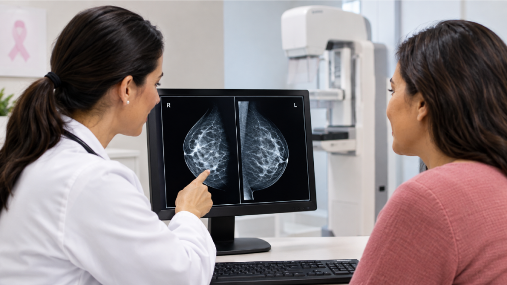 Médica aponta para imagens de mamografia em um monitor enquanto conversa com uma paciente em uma clínica de diagnóstico por imagem. Ao fundo, aparece um equipamento de mamografia.