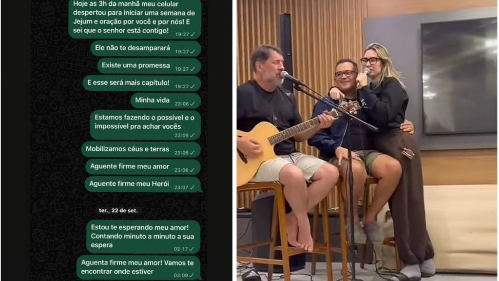 Imagem dividida: à esquerda, prints de uma conversa com mensagens em tom motivacional; à direita, dois cantores em estúdio, sentados com microfones e guitarra acústica, durante uma gravação.