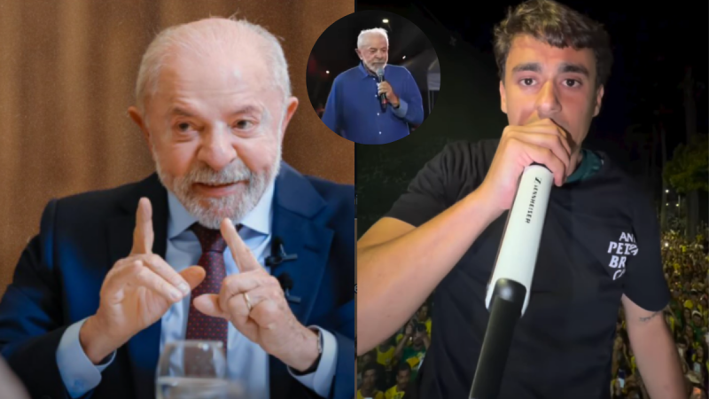 Montagem com Lula e Nikolas Ferreira. À esquerda, Lula aparece de terno e gravata durante um discurso. À direita, Nikolas Ferreira segura um microfone durante um evento. Uma imagem menor de Lula aparece ao centro, na parte superior.
