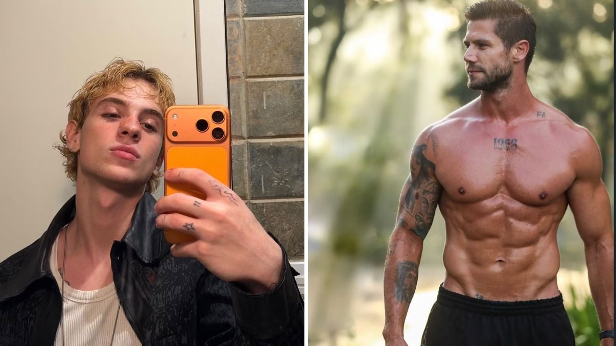 Montagem com duas fotos: selfie de Juliano Floss no espelho com celular laranja e close do rosto; na segunda imagem, Jonas Sulbach aparece ao ar livre com físico musculoso e tatuagens no braço.