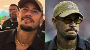 Montagem com duas fotos de Neymar exibindo novo visual cavanhaque e bigode, usando boné, óculos escuros e colares.
