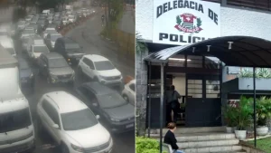 Câmeras de monitoramento mostram dois homens em uma motocicleta durante ação em via urbana, associada ao Assalto na avenida que leva à travessia da balsa de Guarujá, com imagens da Delegacia de Polícia ao lado.