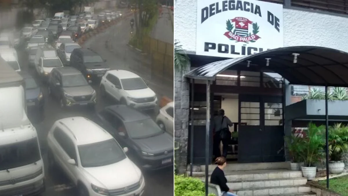 Câmeras de monitoramento mostram dois homens em uma motocicleta durante ação em via urbana, associada ao Assalto na avenida que leva à travessia da balsa de Guarujá, com imagens da Delegacia de Polícia ao lado.