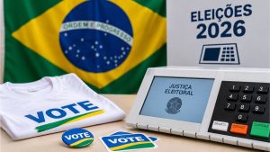 Urna eletrônica ao lado de camiseta e adesivos de apoio político nas Eleições 2026.