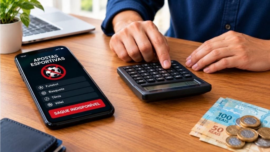 Pessoa organiza as finanças com calculadora ao lado de celular com alerta sobre apostas esportivas, dinheiro em reais e moedas sobre a mesa.