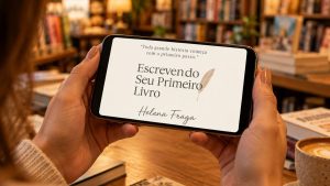 Pessoa segurando um tablet com a capa do livro “Escrevendo Seu Primeiro Livro” de Helena Fraga, em um ambiente aconchegante de livraria com prateleiras ao fundo.