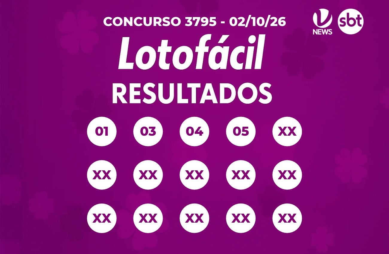 Lotofácil 3795 sorteia R$ 2 milhões nesta sexta-feira: banner do SBT News com título “Loteria Resultados”, concurso 3795 e seis dezenas em círculos com XX.