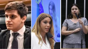 Colagem de três fotos. À esquerda, Lucas Pavanato discursa, ao meio Erika Hilton aparece em discurso com temlão ao fundo; à direita, Samia Bomfim discursa