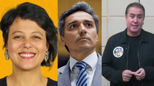 Colagem com três retratos de homens e mulher: Mariana Conti sorrindo com cabelo curto e brinco colorido, Paulo Mansur de cabelo grisalho em traje social e Jonas Donizette em ambiente interno falando ao microfone.