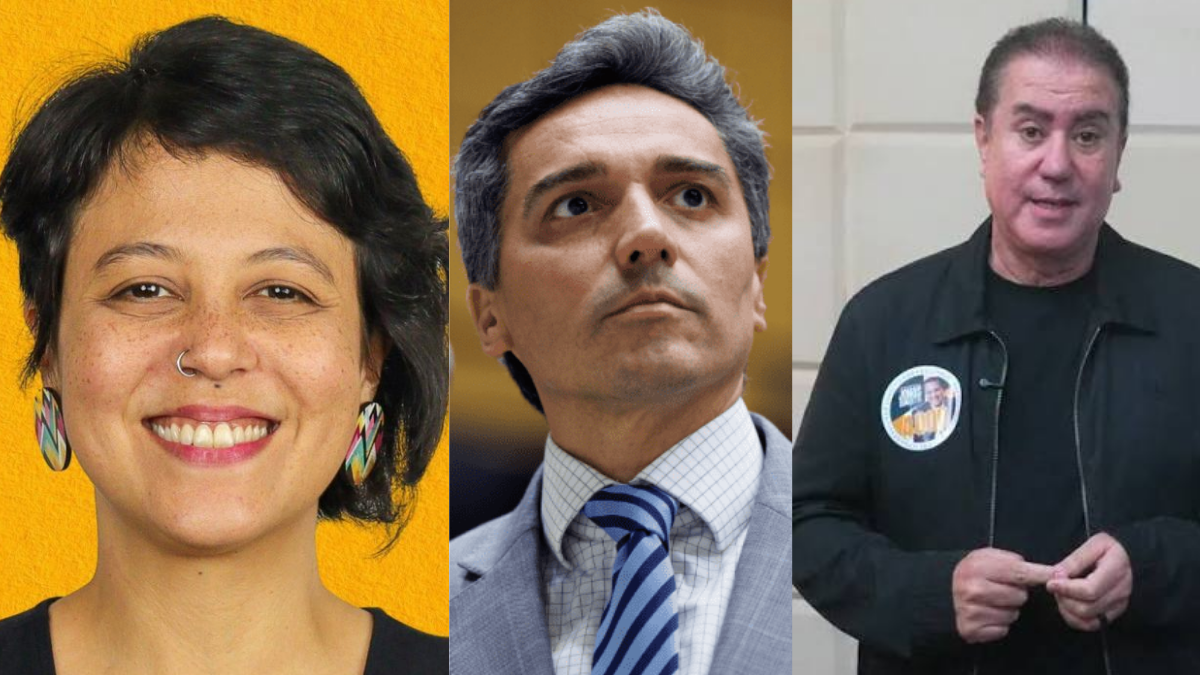Colagem com três retratos de homens e mulher: Mariana Conti sorrindo com cabelo curto e brinco colorido, Paulo Mansur de cabelo grisalho em traje social e Jonas Donizette em ambiente interno falando ao microfone.