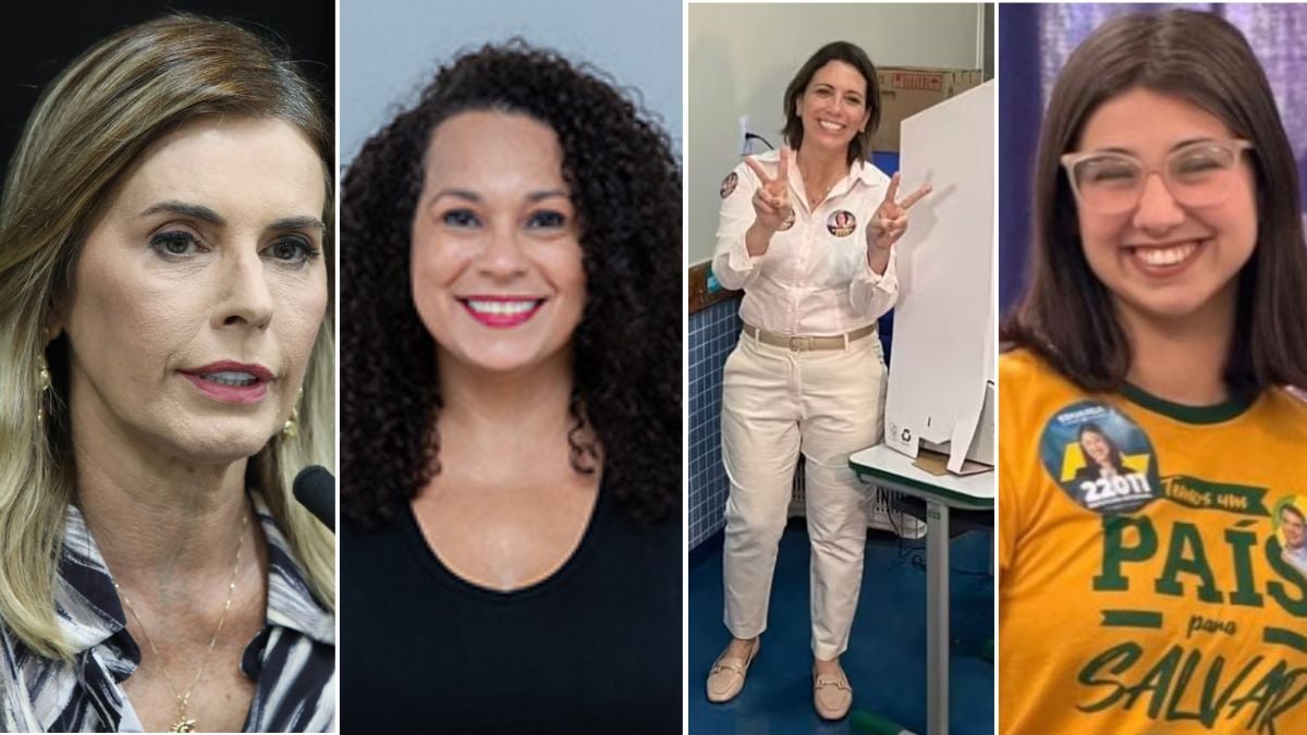 Collage com quatro fotos de mulheres sorrindo ou falando em entrevistas, incluindo uma apresentadora de cabelo claro, uma mulher de cabelo cacheado, uma pessoa em ambiente de trabalho e outra usando camiseta amarela com texto.