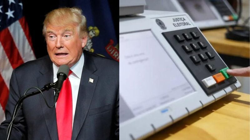 Donald Trump ao lado de uma urna eletrônica da Justiça Eleitoral brasileira durante votação.
