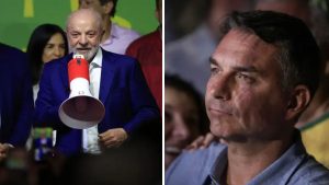 Imagem em colagem com dois momentos: Lula discursando ao microfone em evento com bandeiras ao fundo e Flávio Bolsonaro em foto de plateia, olhando ao lado.