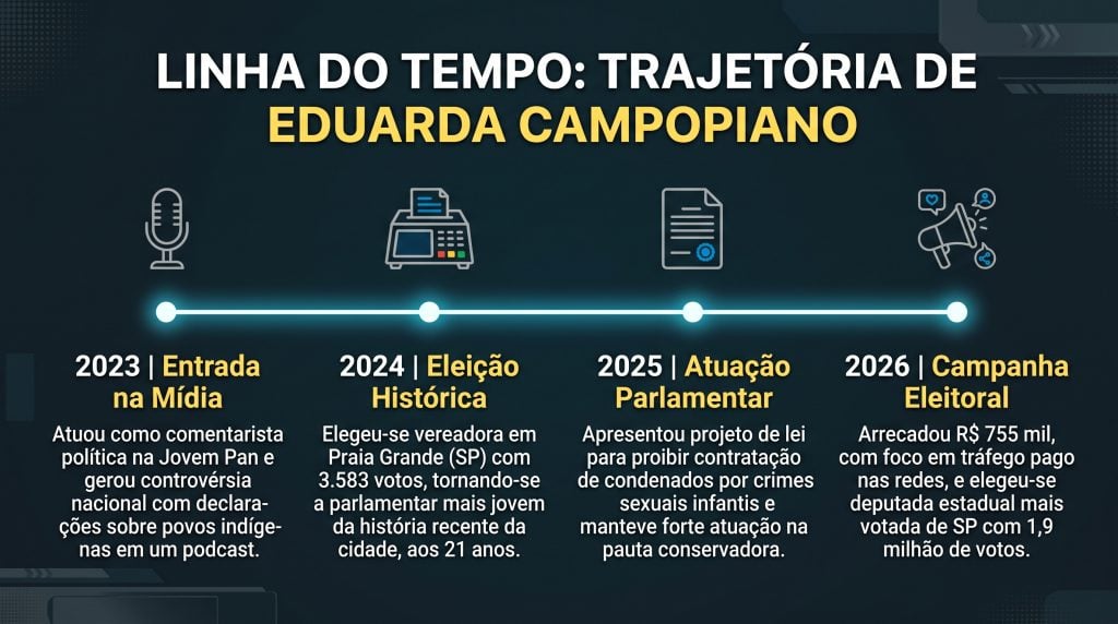 Texto alternativo (Alt Text): Infográfico de linha do tempo com a trajetória de Eduarda Campopiano de 2023 a 2026. Mostra marcos como a atuação na mídia em 2023, a eleição histórica como vereadora mais jovem de Praia Grande em 2024, a atuação parlamentar e propostas de 2025, e a campanha e eleição de 2026 para deputada estadual.