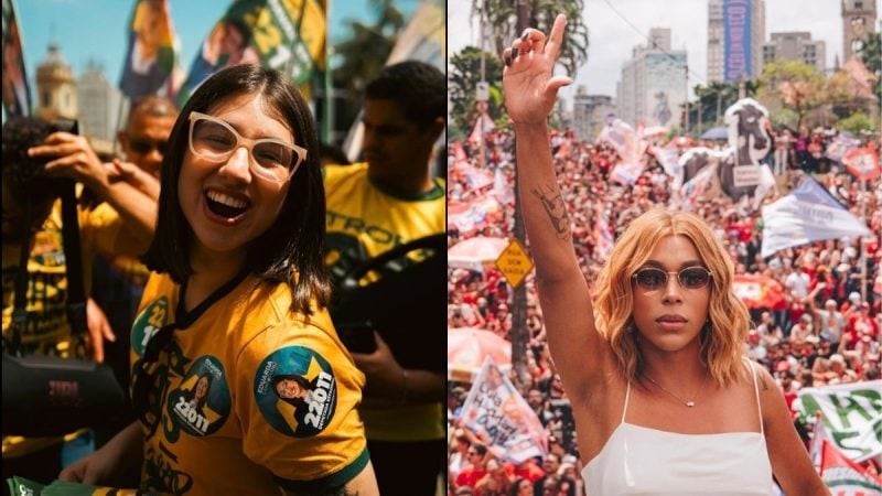 Colagem lado a lado de Eduarda Campopiano, sorrindo de blazer escuro, e Erika Hilton, falando ao microfone no plenário. No centro, há uma divisória com a marca "Eleições 2026", destacando as duas parlamentares envolvidas na denúncia por transfobia e violência política de gênero no Ministério Público de São Paulo.