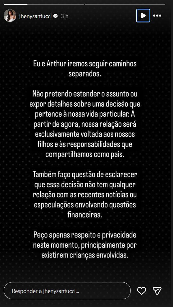 Jheny Santucci anuncia separação de Arthur Aguiar em publicação nos Stories do Instagram.
