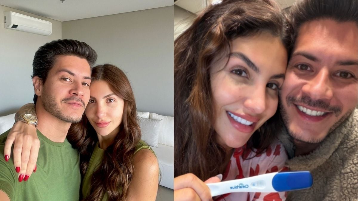 Jheny Santucci e Arthur Aguiar aparecem juntos em fotos; em uma delas, o casal segura um teste de gravidez.