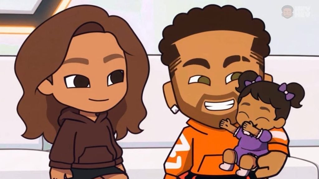 Ilustração em estilo cartoon de uma mulher e de um homem sorridente abraçando e acalmando uma criança, em ambiente interno, com cores quentes