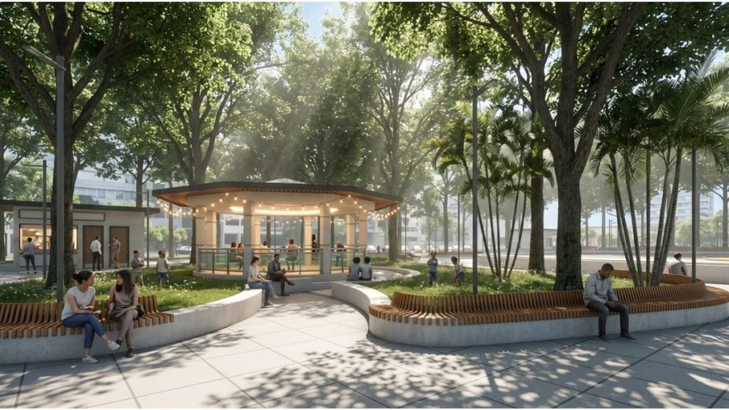 Praça arborizada em Piracicaba com área de convivência, bancos, quiosque e pessoas aproveitando o espaço ao ar livre.