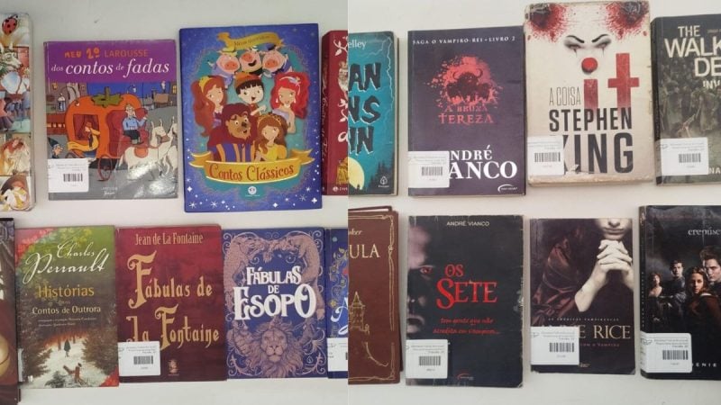 Livros de diferentes gêneros expostos na biblioteca durante o Domingo na Biblio, em Piracicaba.
