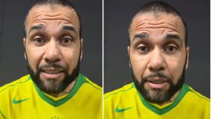 Foto em duas imagens de Daniel Alves com barba e cabelo curto, usando camisa verde e amarela com o logo da Nike, em fundo neutro, com expressão facial frontal.