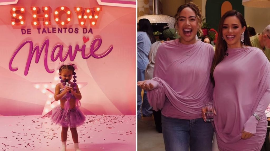 Foto dividida ao meio: à esquerda, criança em um cenário rosa com placa “SHOW DE TALENTOS DA Marvel” e confetes; à direita, Bruna Biancardi e irmã de Neymar em traje rosa sorrindo em evento.