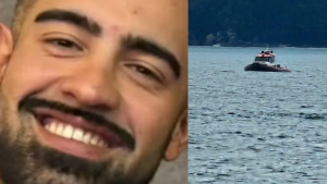 Imagem dividida em duas partes: close do rosto de um homem sorrindo em ambiente interno e um barco navegando no mar com céu azul ao fundo.