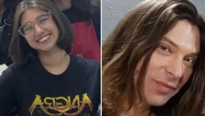 Comparativo de rosto de duas mulheres sorrindo: uma usando óculos e camiseta preta com estampa amarela, e outra com cabelo castanho e luz natural no rosto, mostrando expressões diferentes.