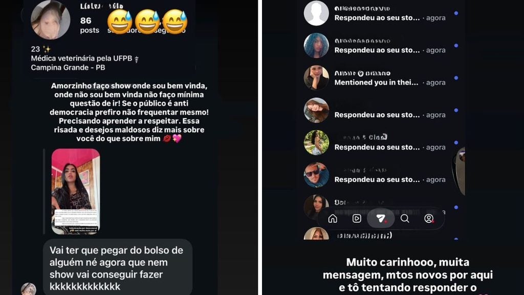Print de conversa em rede social com mensagens em PT-BR, comentários em balões e texto de “Respondendo ao seu sto…” sobre uma postagem, com emojis e interface de perfil