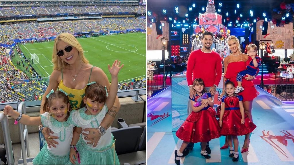 Colagem com duas fotos: ao lado esquerdo, Virginia Fonseca com óculos escuros em estádio de futebol com duas crianças no colo; ao lado direito, Zé Felipe e Virginia Fonseca em evento com palco e show de luzes, com crianças vestidas com roupas coloridas