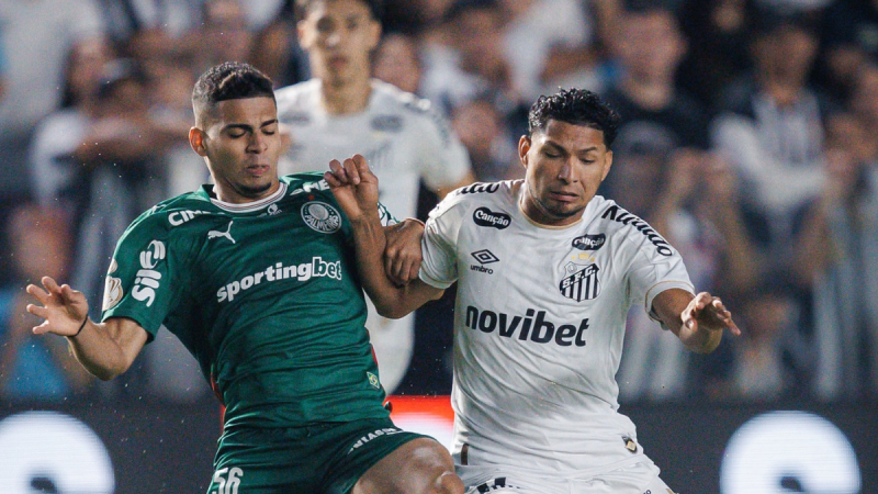 Jogadores disputam jogada durante o clássico entre Santos e Palmeiras.