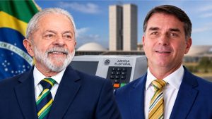 Lula e Flávio Bolsonaro lado a lado em imagem sobre propostas para salários nas Eleições 2026.