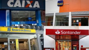 Fachadas de agências da Caixa Econômica Federal, Itaú, Banco do Brasil e Santander.
