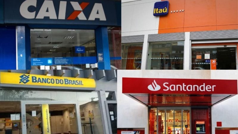 Fachadas de agências da Caixa Econômica Federal, Itaú, Banco do Brasil e Santander.