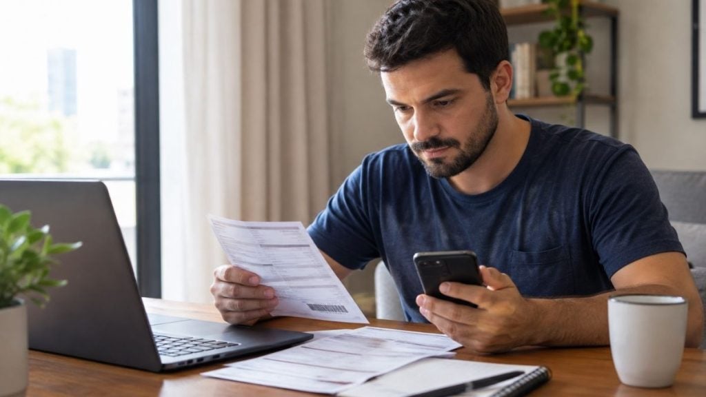 Homem consulta boleto pelo celular enquanto organiza as contas.