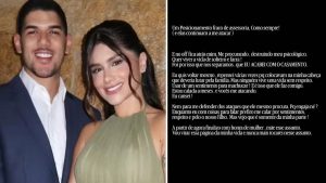 Casal em foto de evento: Zé Vaqueiro e Ingra sorrindo ao lado, com legenda em português narrando conflitos e detalhes de casamento.