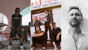 Colagem com três fotos de moda: homem usando roupa urbana preta em ambiente interno, grupo de jovens com estilo street posando em frente a letreiro “Free Delivery” e retrato em preto e branco de um homem com barba