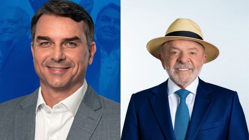 Flávio Bolsonaro e Lula em fotos lado a lado para ilustrar a disputa do segundo turno das Eleições 2026.