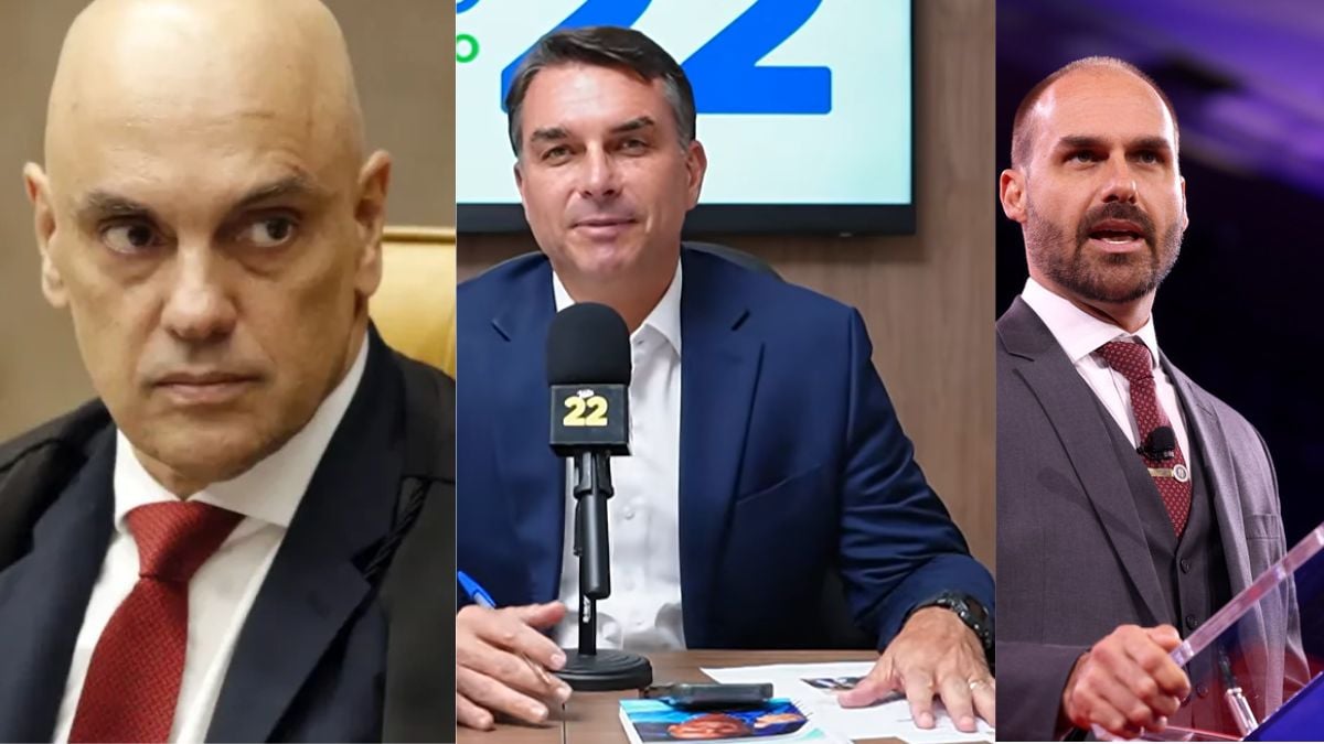 Montagem com imagens do ministro Alexandre de Moraes, Flávio Bolsonaro e Eduardo Bolsonaro.