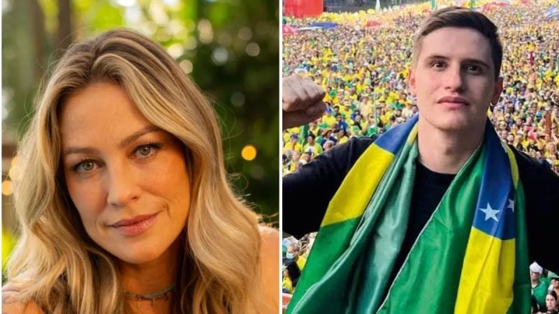Colagem de fotos. À esquerda, Luana Piovani. À direita, Lucas Pavanato em comitiva na rua