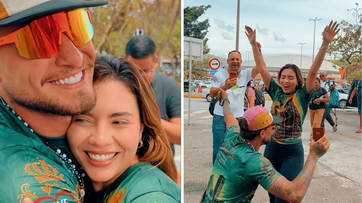 Colagem de fotos: MC Gui e noiva com sorriso usando óculos e capacete de cor verde em evento ao ar livre e grupo comemorando com crachás e fotos em ambiente urbano.