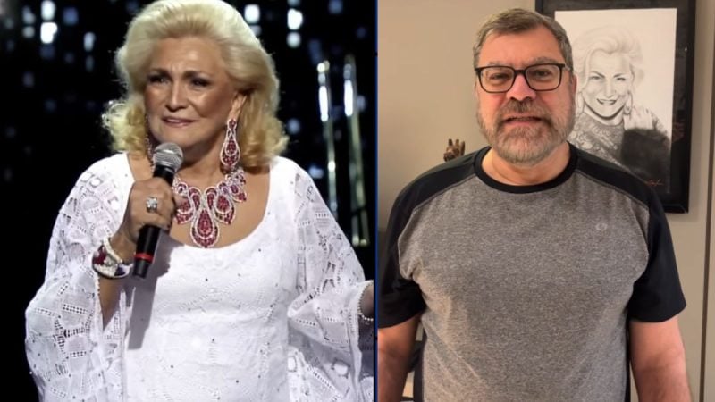Foto de Hebe Camargo e do filho Marcello Camargo em dois momentos: Hebe aparece no palco ao lado de um microfone, e Marcello aparece em pose casual em frente a quadros.