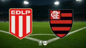 Estudiantes x Flamengo: escalas de times e escudos na arena de futebol, com transmissão destacando o jogo pela Libertadores, em fundo de gramado