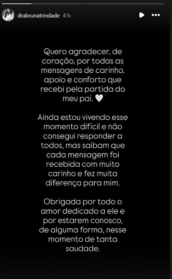 Bruna Trindade publica mensagem de agradecimento pelo apoio recebido após a morte do pai, o cantor Netinho.