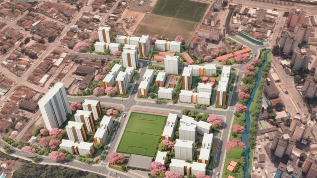Vista aérea de um grande conjunto residencial Vila Pantanal, no Saboó com torres de apartamentos, ruas internas, áreas verdes e quadra esportiva em um bairro urbano