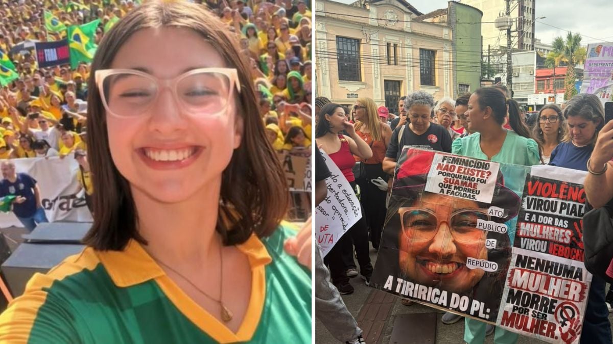 Eduarda Campopiano sorridente em primeiro plano à esquerda e, à direita, manifestação de rua com cartazes contra a violência e o feminicídio, reunindo pessoas em frente a prédios.
