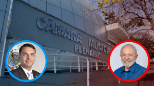 Fachada do prédio com placa “CAMARA MUNICIPAL PLENARIO” e dois retratos em destaque dos candidatos a presidência em círculos azul e vermelho.