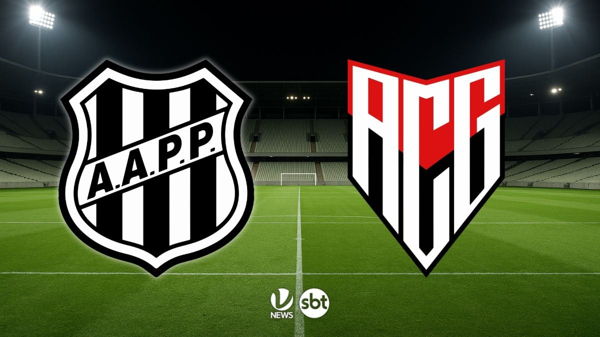 Onde assistir Ponte Preta x Atlético-GO em imagem com escudos do time Ponte Preta e Atlético-GO sobre um estádio iluminado e gramado ao fundo.